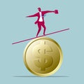 Businessman balance on dollar coin.